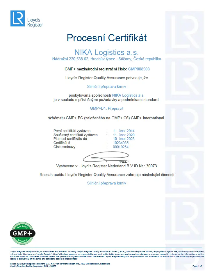 Certificate for feed transport
