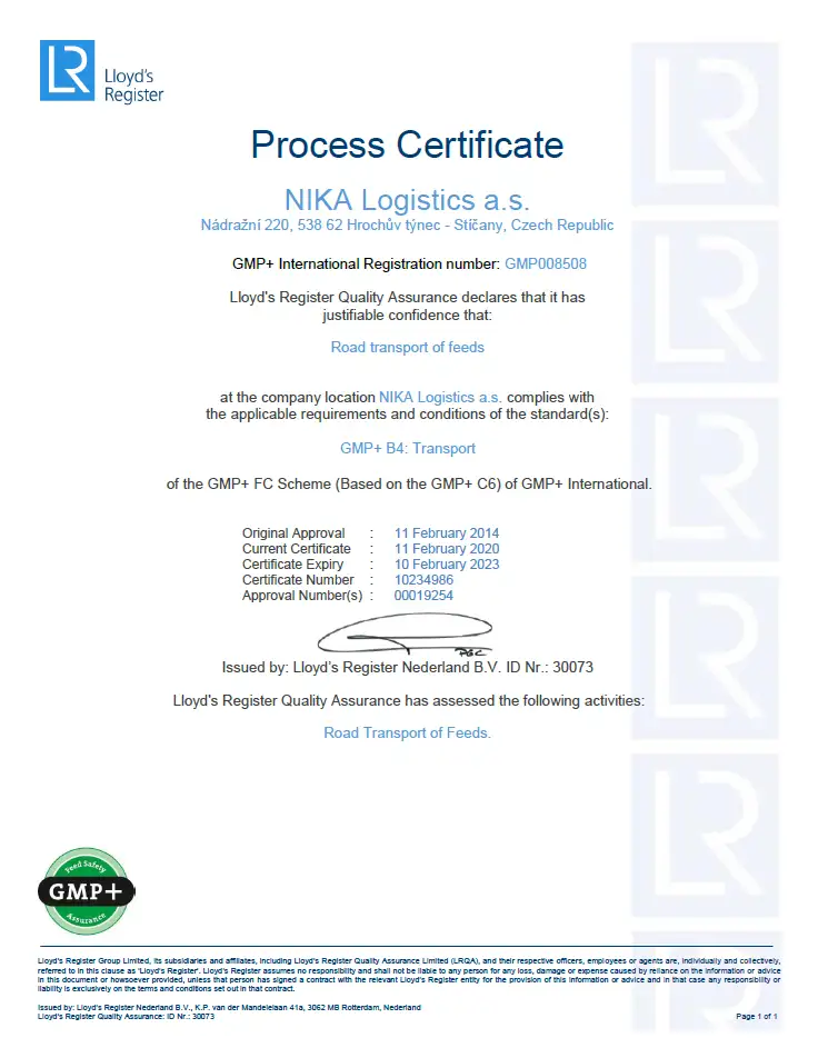 Certificate for feed transportation